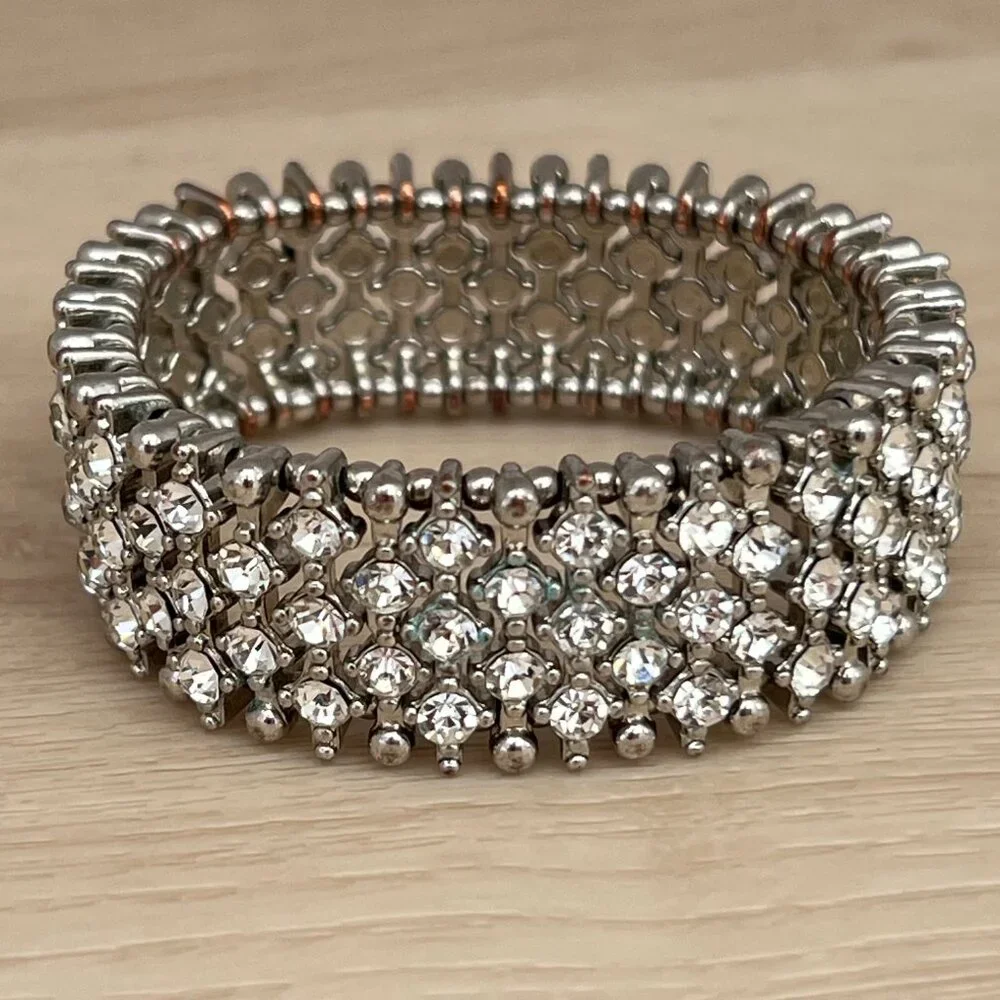 Vintage White Rhinestone Silver-tone Metal  1" Wide Stretch Bracelet / Showgirl - Picture 6 of 14